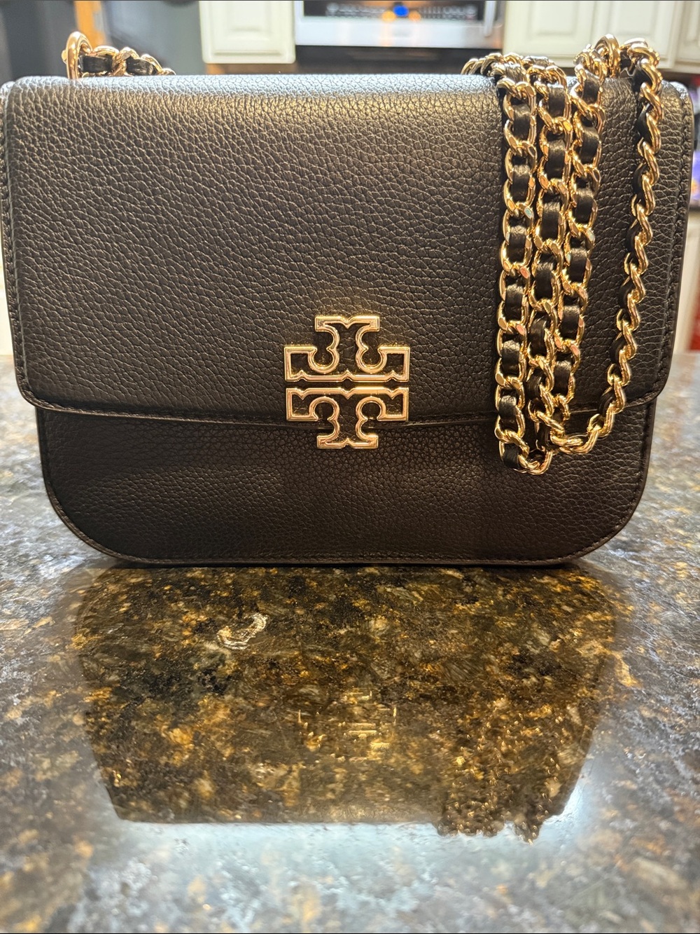 Tory Burch Black Pebbled Leather Crossbody with Gold Chain